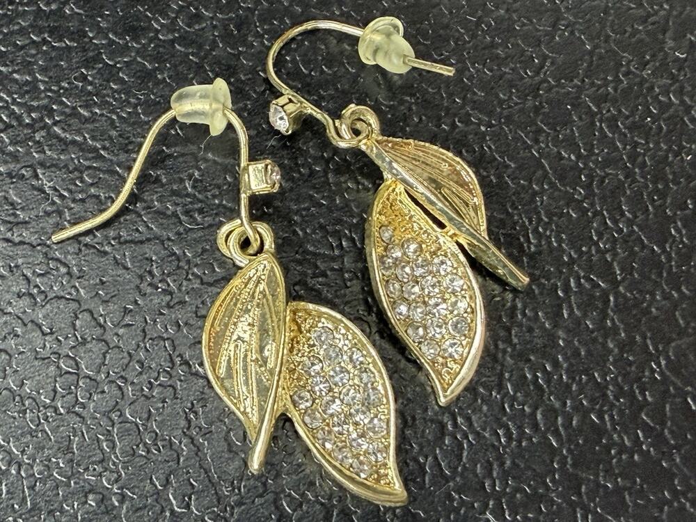 Gold Leaf Charm Dangle Rhinestone Earrings Dainty Minimalist Boho
